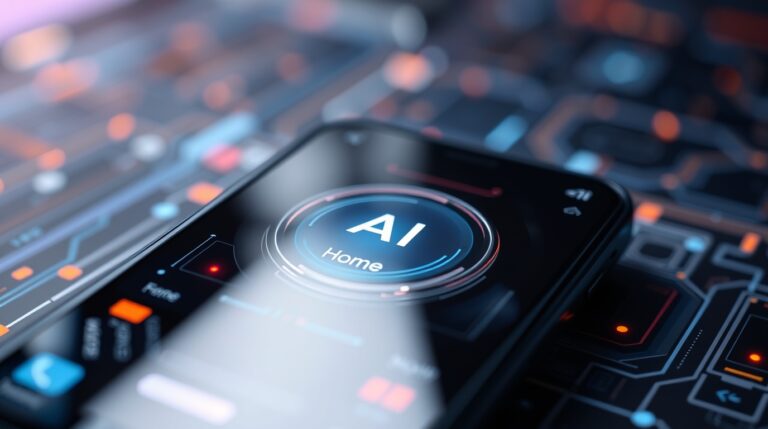 "A close-up of a smartphone screen displaying an AI-powered home interface, with a futuristic digital design. The screen features a circular interface with the word 'AI' in the center, surrounded by blue and red glowing elements. The phone rests on a high-tech circuit board, emphasizing the connection between artificial intelligence and advanced technology.