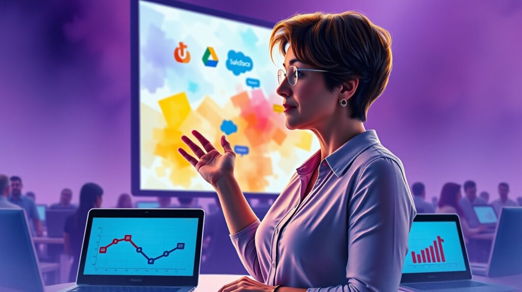 vibrant, engaging, and modern illustration depicting the concept of workflow automation and AI collaboration inspired by the AI Labs Zapier Mastermind session. The scene should showcase a dynamic workspace filled with diverse characters—enthusiastic professionals and AI-powered robots seamlessly interacting and working together. Visualize colorful interconnected workflows with lines, nodes, and digital symbols representing the smooth automation process. Integrate subtle Zapier brand-inspired elements (orange highlights, lightning bolts) and AI-themed symbols such as circuitry, neural network icons, or holographic interfaces. Use a clean, professional yet approachable aesthetic, with lively colors and gradients evoking innovation and efficiency. Ensure the mood communicates collaboration, productivity, and creativity, emphasizing automation as essential for freeing professionals to focus on what truly matters.