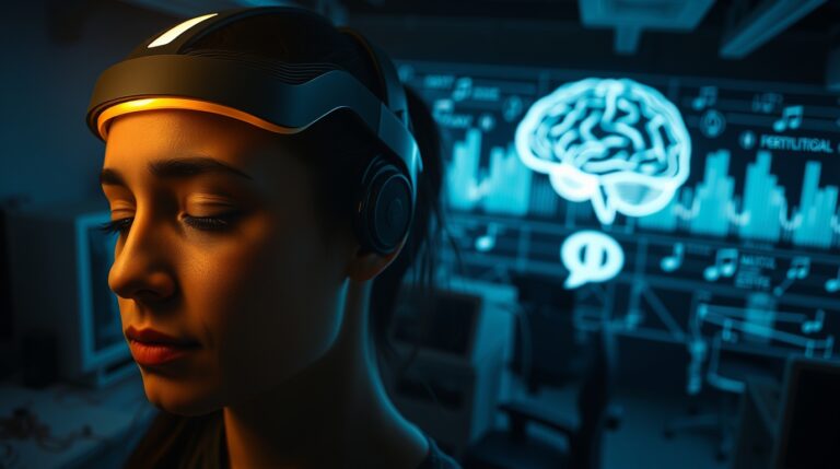 Close-up of a woman wearing a sleek, glowing neuroprosthetic headset, eyes closed in calm concentration. Behind her, a futuristic interface displays a glowing brain graphic, sound waveforms, and music notes, symbolizing a neural-to-audio AI translation process.