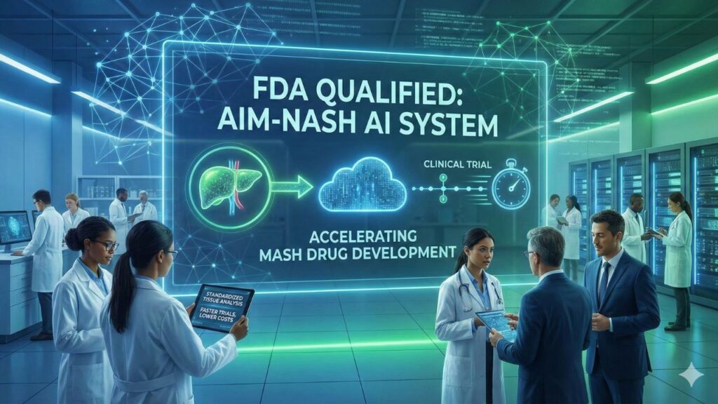 In a modern medical research lab, clinicians and researchers stand around a large holographic screen reading “FDA Qualified: AIM-NASH AI System,” with icons of a liver, cloud AI, and clinical trial timeline, suggesting AI-accelerated drug development.