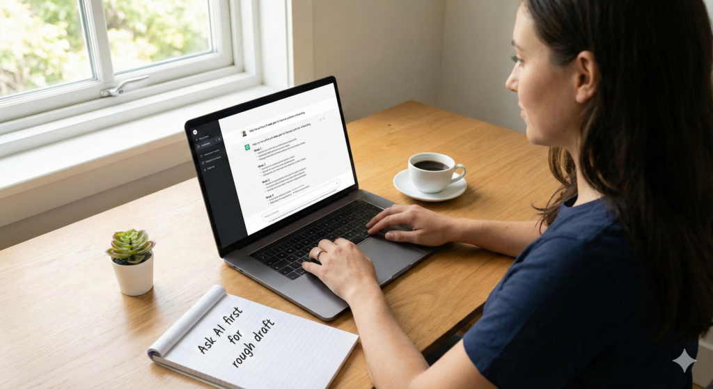 A woman smiling as she studies a "Machine Learning" course on her laptop. A glowing, semi-transparent digital overlay floats above the keyboard, showing a flowchart of the AI process: Data, Algorithms, Model Training, and a Quiz. On her wooden desk, a physical notebook contains hand-drawn diagrams and notes, blending traditional learning with futuristic technology.