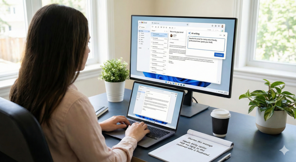 A digital illustration of a person from behind, holding their head in their hands in a state of total overwhelm. They are surrounded by multiple computer monitors, tablets, and smartphones, all displaying a chaotic "Top 100 AI Tools" list and dozens of overlapping app icons like "ChatGenius," "DataWizard," and "TaskBot." A hand-written sticky note on the desk provides an "HONEST REALITY" check: "Just pick 2-3 tools that solve REAL problems. Skip the rest."