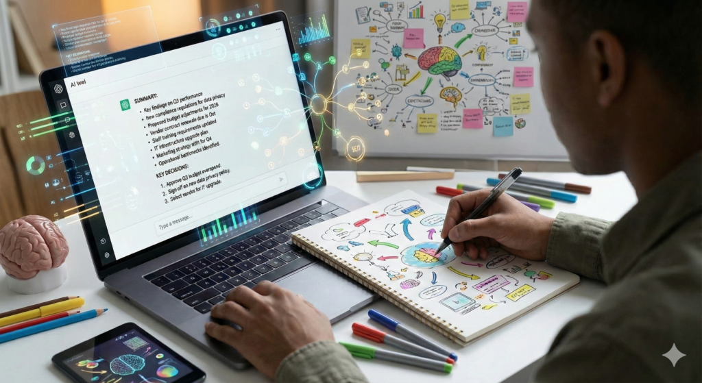 A person reviews a physical "Q3 Operational Report" while using an AI tool on their laptop to generate a concise summary. The laptop screen displays bullet points for "Key findings on Q3 performance," including "New compliance regulations for data privacy" and "Staff training requirements updated." Below the summary, a "KEY DECISIONS" section lists items like "Approve Q3 budget overspend." The scene is set on a clean white desk with a cup of coffee, emphasizing a focused and productive workflow.