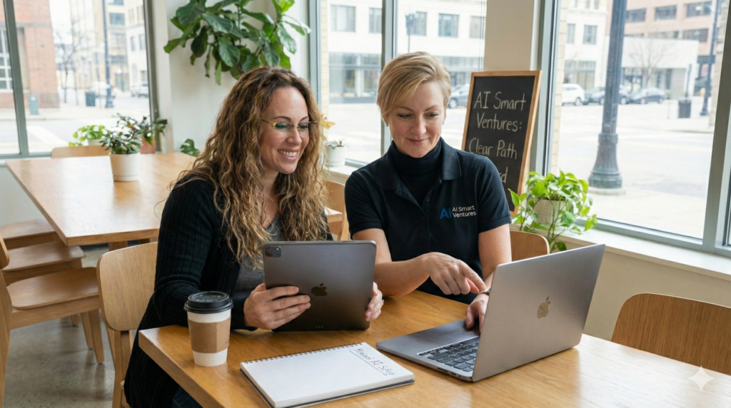 Two women sitting together at a wooden table in a bright, modern cafe or co-working space, working collaboratively on a laptop and a tablet. One woman, wearing an "AI Smart Ventures" branded polo shirt, points at the laptop screen while the other smiles and follows along. In the background, a chalkboard reads "AI Smart Ventures: Clear Path Forward," and the large windows look out onto a city street, emphasizing a supportive, real-world learning environment.