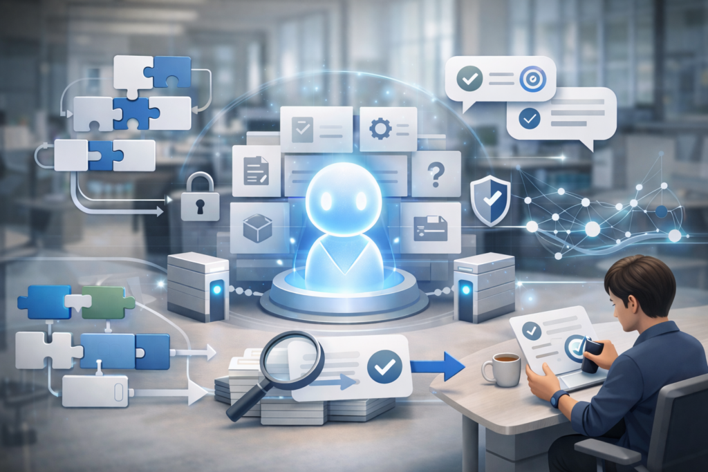 digital illustration of a man in an office using a tablet to review and validate data, surrounded by futuristic holographic visuals representing artificial intelligence, data processing, cybersecurity, and workflow automation. At the center is a glowing humanoid AI figure with icons like gears, checkmarks, puzzle pieces, and lock symbols floating around, conveying a theme of AI-driven data management and secure automation.