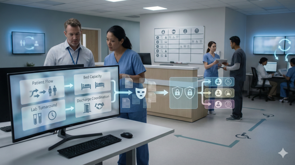 A cinematic, ultra-realistic 16:9 scene inside a modern hospital operations center focused on compliant, data-driven decision support. In the foreground, a hospital operations manager and a clinician stand at a workstation reviewing a workflow dashboard on a large monitor. The screen shows icon-only panels with all details blurred and unreadable: a patient flow lane, a bed capacity panel, a lab turnaround lane, and a discharge coordination lane, connected by clean handoff arrows.

Visually represent “anonymized medical data” without any readable charts: a secure data pipeline rendered as translucent, abstract data blocks flowing through a privacy filter symbol (mask icon) into a hospital decision board. Include subtle compliance cues: a locked shield icon, segmented access lanes, and a “permissioned roles” layout implied by separate icon-only user badges.