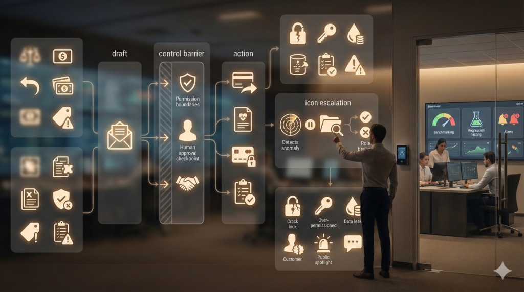 In the foreground, show an AI agent workflow on a large wall display moving from “draft” work to “action” work. The interface is icon-only and fully blurred, but clearly structured: a low-stakes lane where the agent drafts an email (envelope icon) and a higher-stakes lane where the agent triggers actions like refund/payment (payment card icon), updates a patient record (medical file icon), changes user access (keycard icon), and submits a regulatory report (clipboard icon). Between the lanes, place a prominent control barrier: validation gates, permission boundaries, and a human approval checkpoint before high-impact actions.