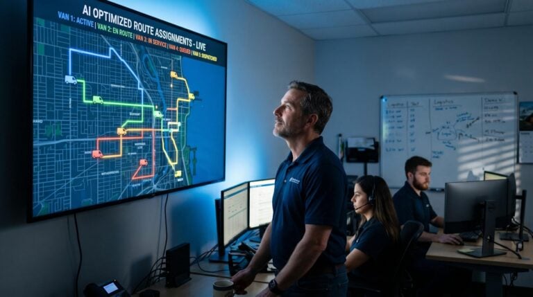 Owner-operator reviewing AI dispatch and quoting dashboard for field services