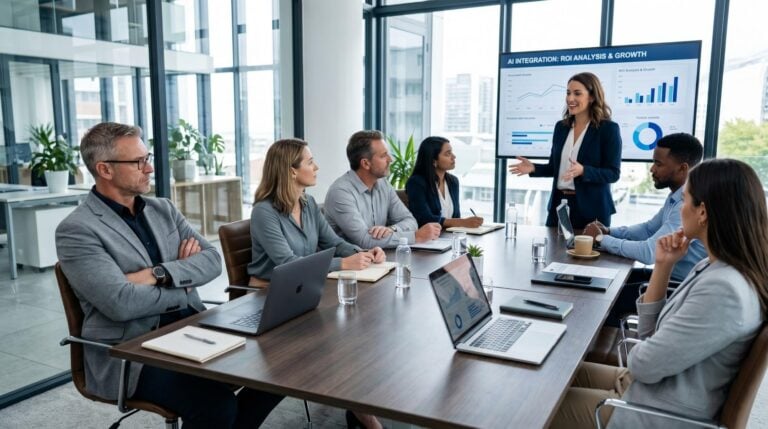 HR director reviewing AI adoption engagement data with follow-up action plan on screen