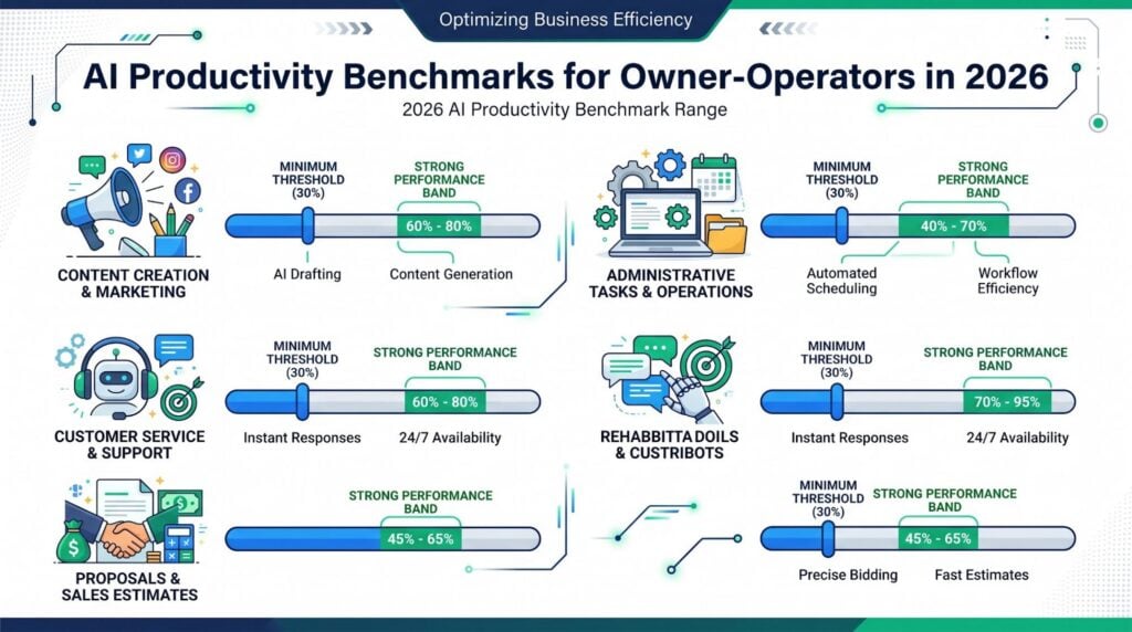 Infographic showing 2026 AI productivity benchmarks and time savings for owner-operators