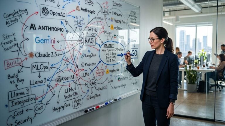 Founder at desk looking overwhelmed by AI decision options, then refocused with clear action plan on screen