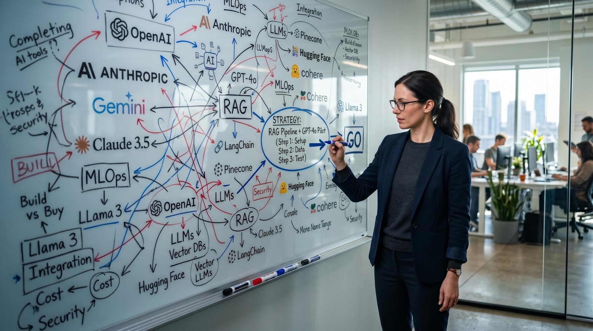 Founder at desk looking overwhelmed by AI decision options, then refocused with clear action plan on screen