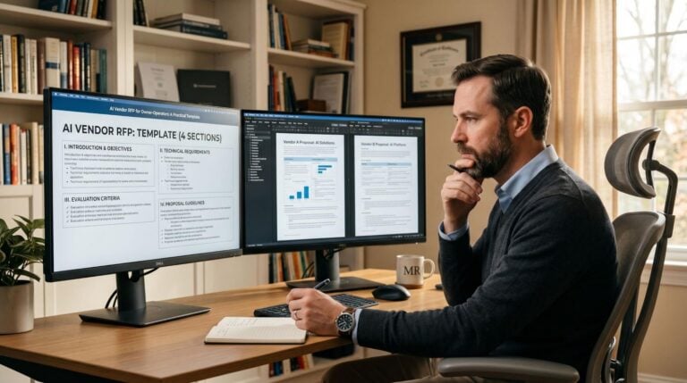 Owner-operator reviewing AI vendor RFP scorecard with comparison table on screen in professional office