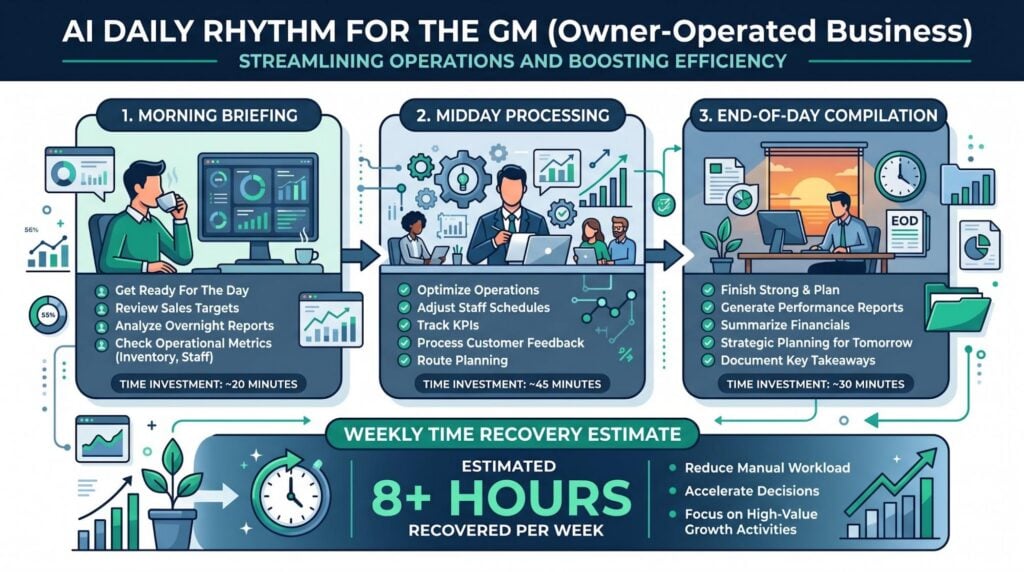 Infographic showing a daily AI rhythm for a GM in an owner-operated business