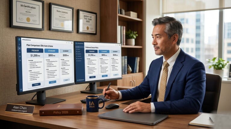 Independent insurance agent reviewing AI-powered quoting tool on laptop at agency desk