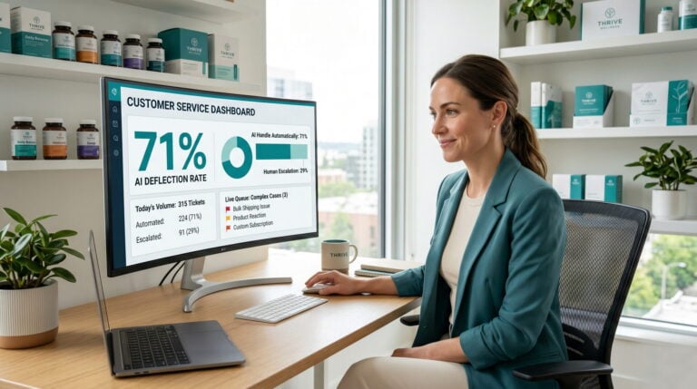DTC health brand founder reviewing AI customer service deflection dashboard on laptop in modern office
