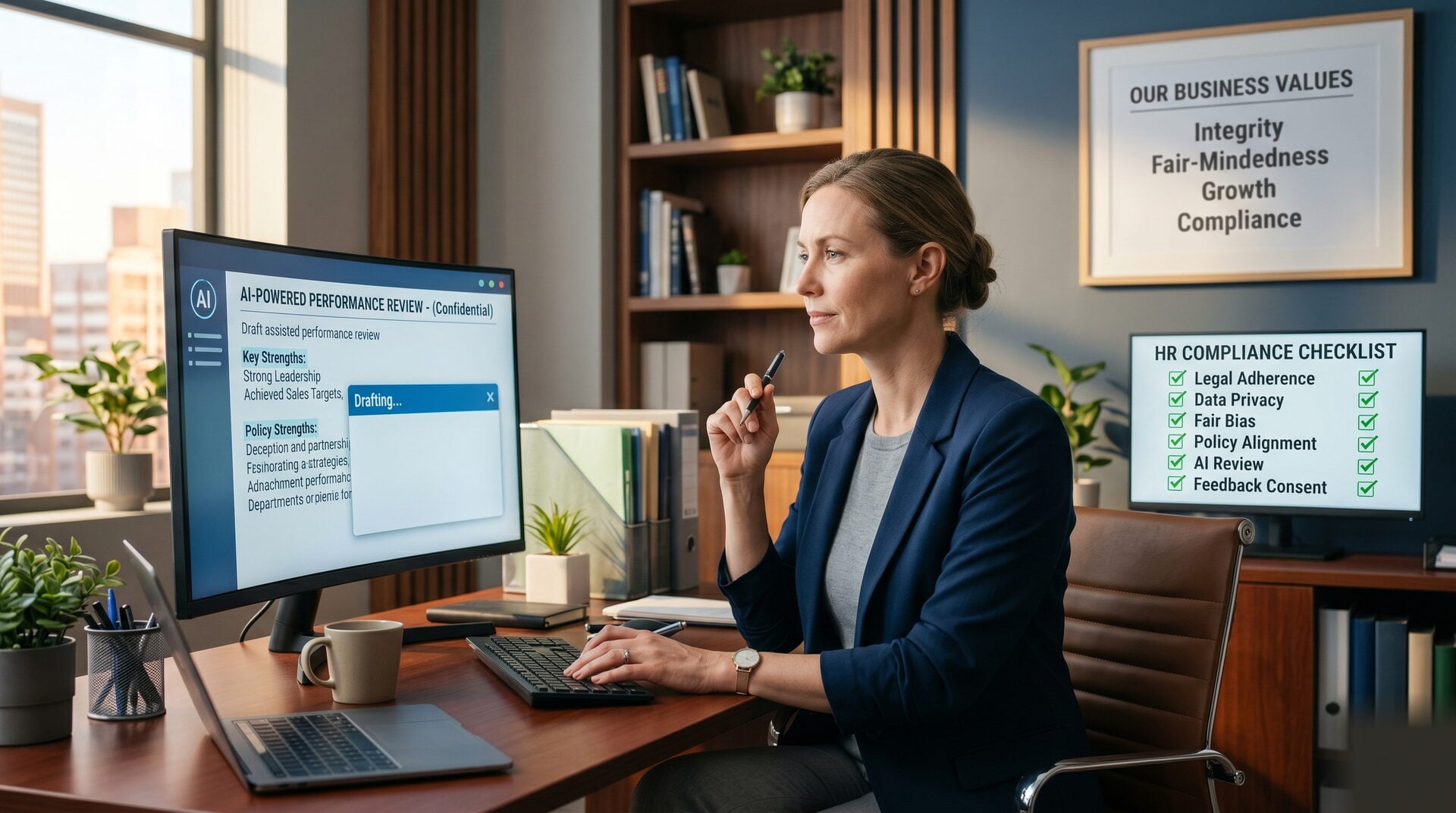 usiness owner using AI to draft employee performance review on laptop with HR compliance checklist on screen