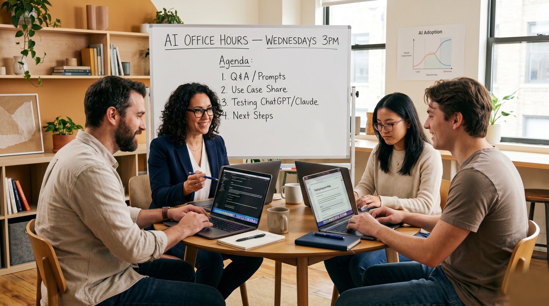 Owner-operator leading a 30-minute AI office hours session with small team around a conference table