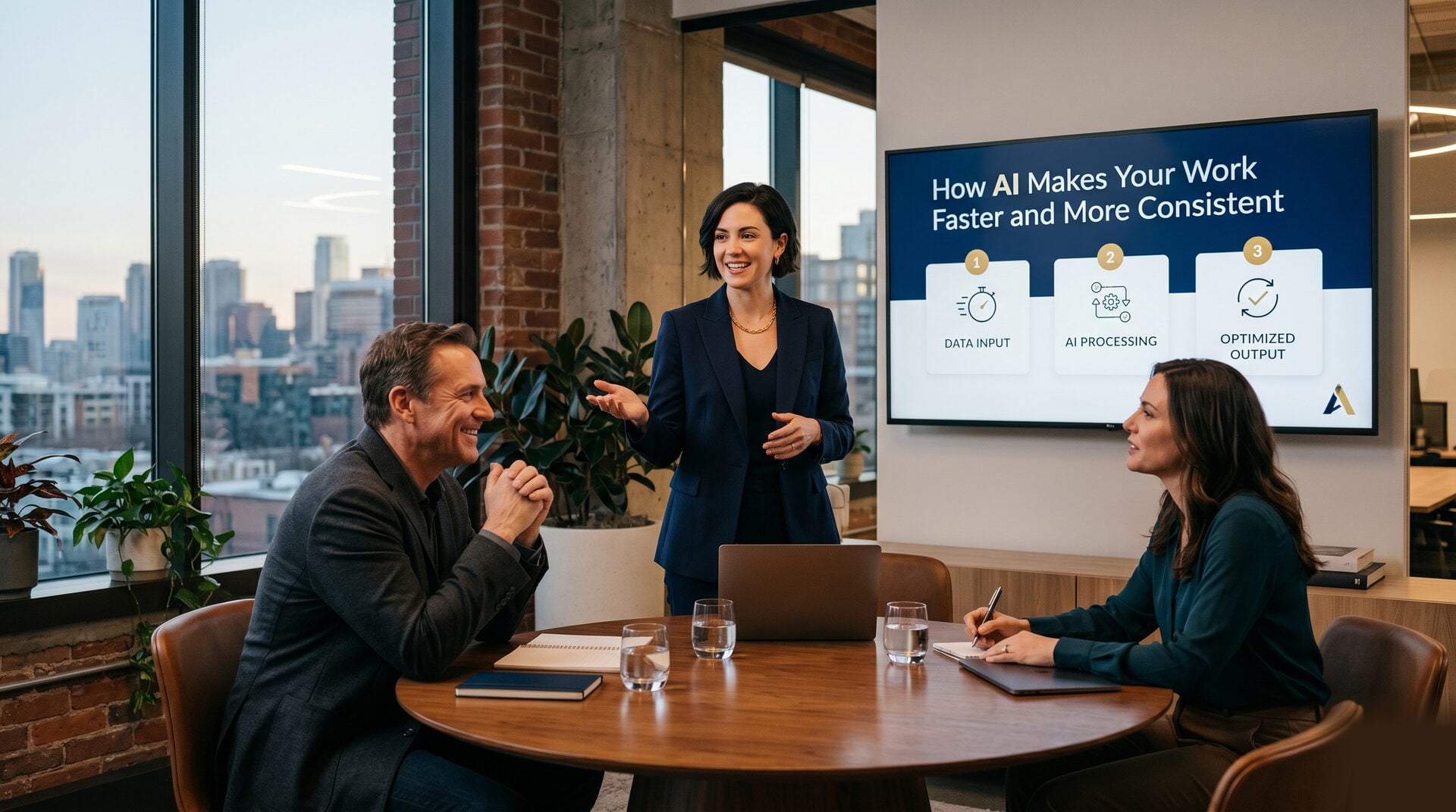 Agency owner presenting AI capability deck to client on laptop in bright modern meeting room