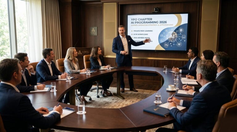 YPO chapter members in structured peer AI learning session around a boardroom table