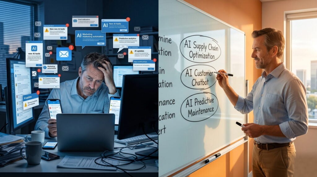 Owner-operator sitting at desk overwhelmed by multiple AI tool notifications on screens, evaluating options