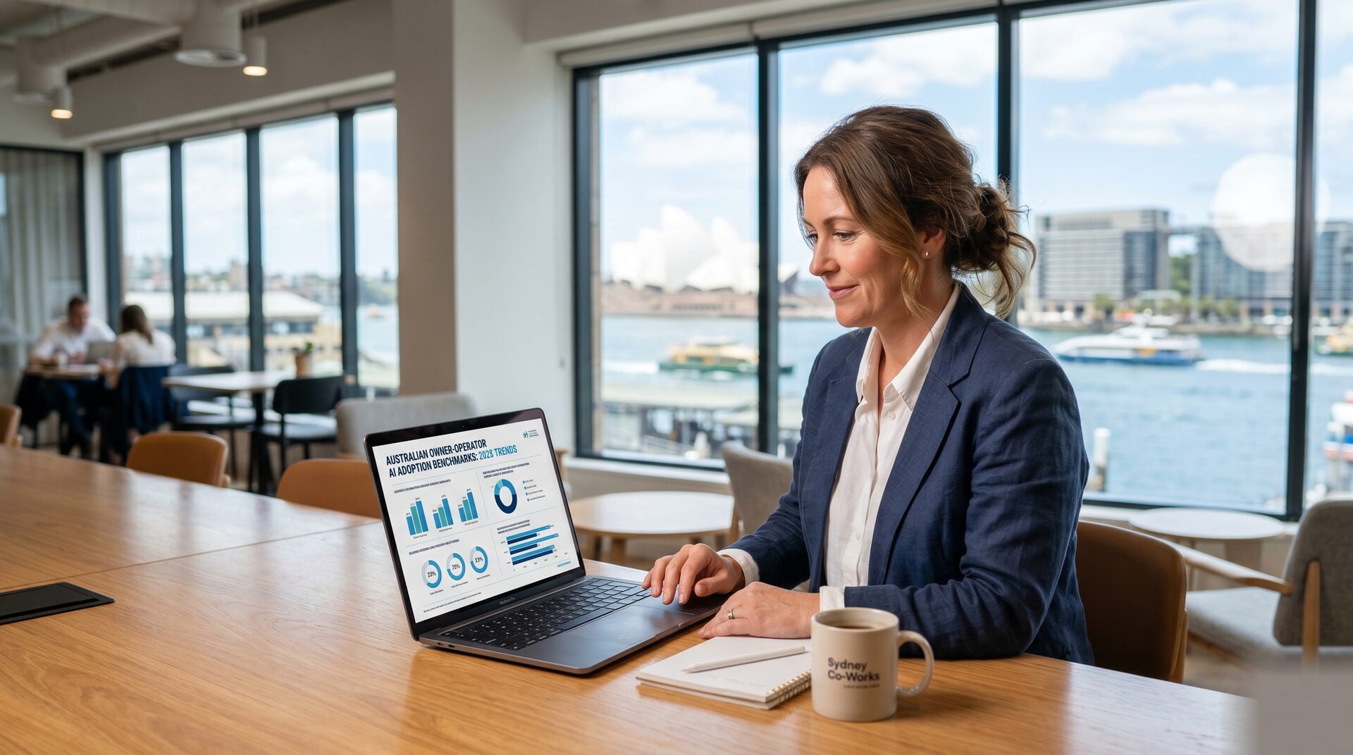 Australian business owner reviewing AI adoption tools on laptop in bright modern office