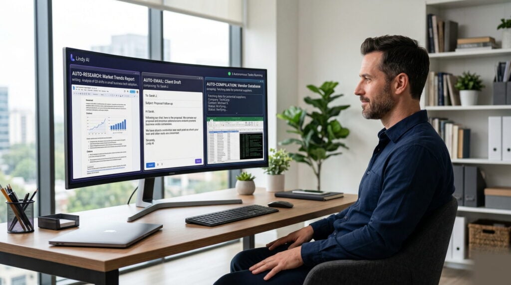 Owner-operator setting up a Lindy AI automation workflow on laptop in bright home office