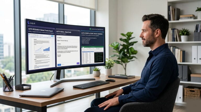 Owner-operator setting up a Lindy AI automation workflow on laptop in bright home office