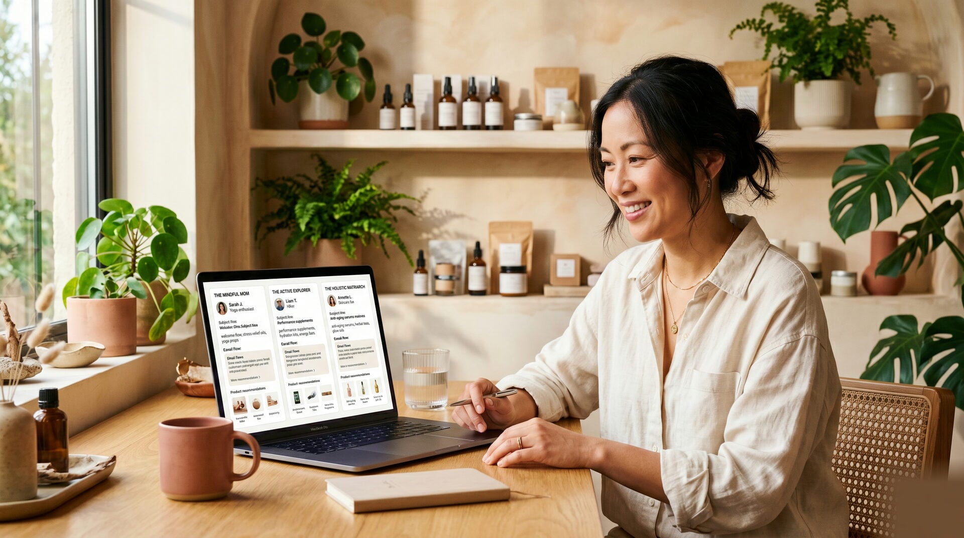 Wellness brand founder reviewing AI personalization dashboard on laptop in bright minimal studio office