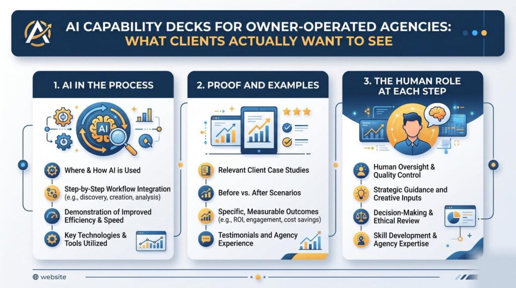 Infographic showing what clients want to see in an AI capability deck for owner-operated agencies