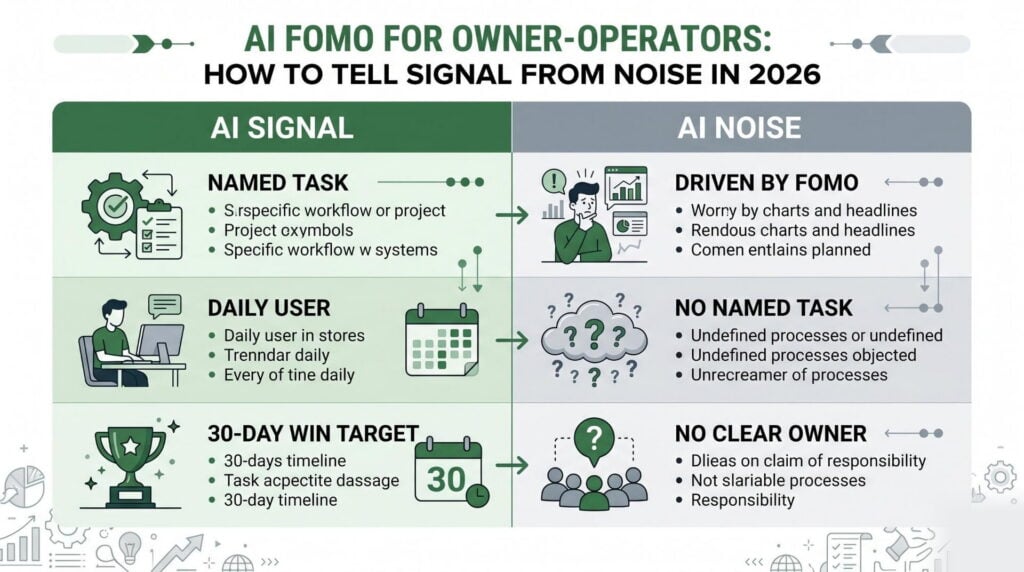 Infographic showing how owner-operators can separate AI signal from noise using a 3-step evaluation filter