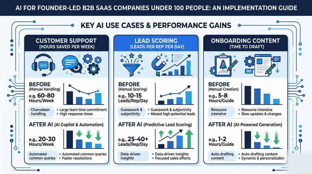 Infographic showing top AI use cases and rollout plan for founder-led B2B SaaS teams under 100 people