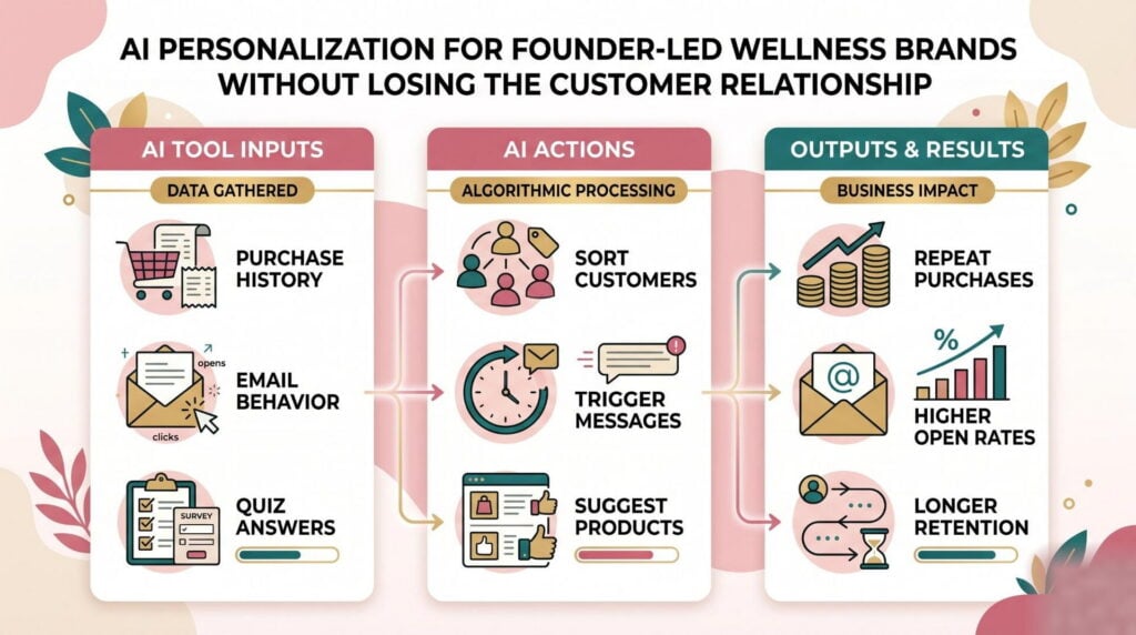Infographic showing how founder-led wellness brands use AI personalization to increase repeat sales by 40 percent