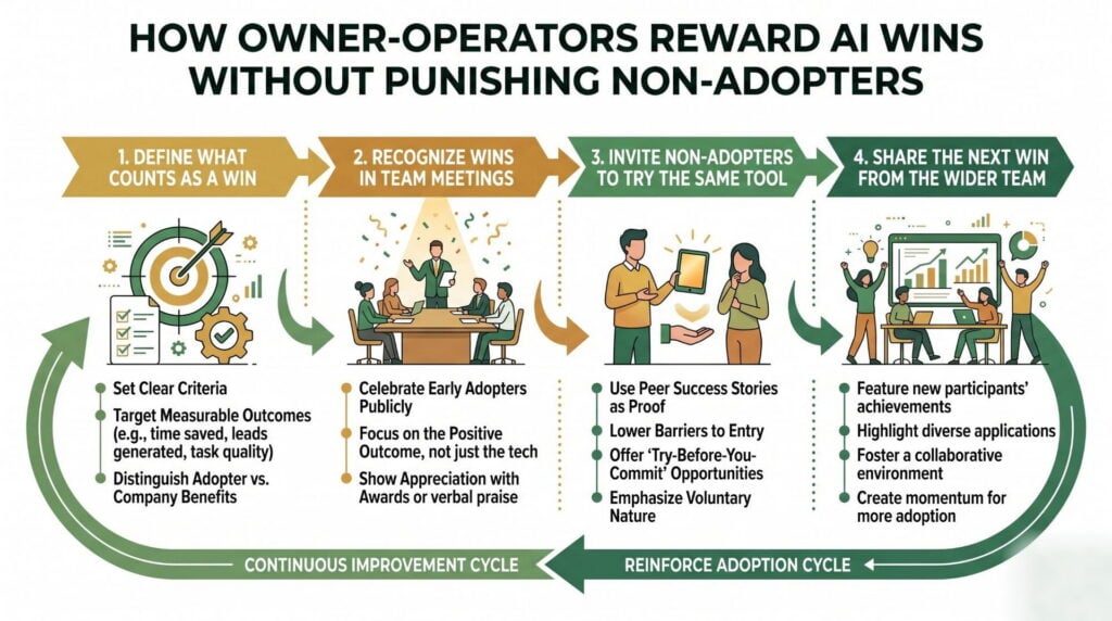 Infographic showing how owner-operators reward AI adoption wins without creating pressure on non-adopters