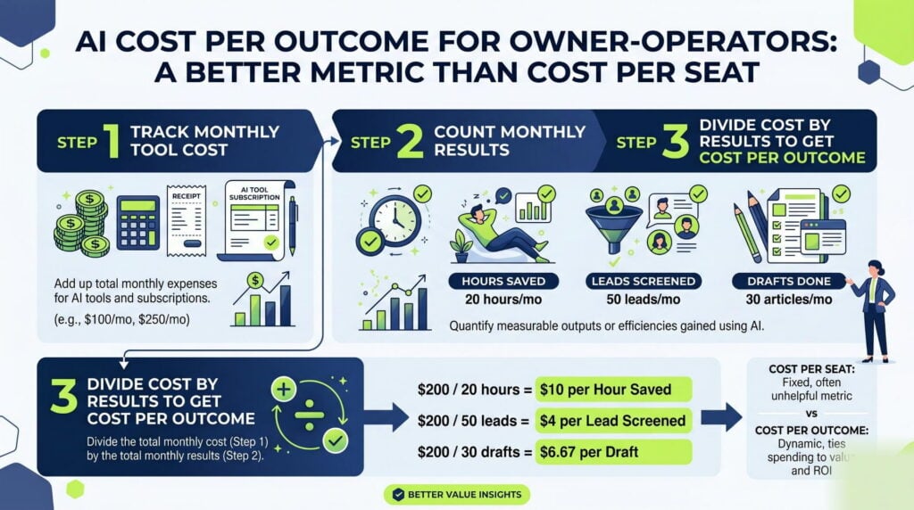 Three-step guide to calculating AI cost per outcome: step 1 (track monthly tool cost), step 2 (count monthly results such as hours saved, leads screened, or drafts done), step 3 (divide cost by results to get cost per outcome)