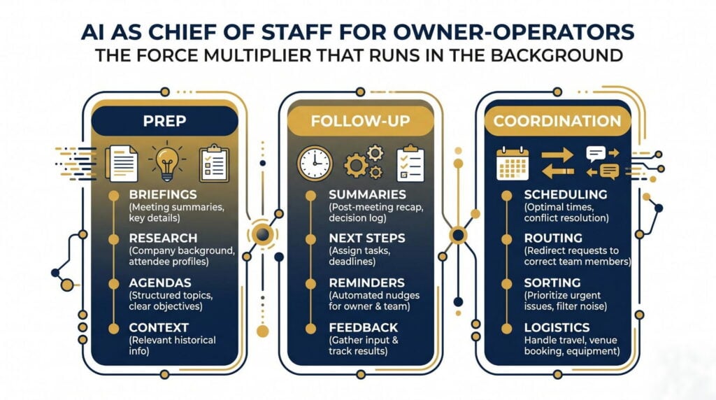 Three-pillar layout of AI chief of staff system: Prep (briefings, research, agendas before every meeting), Follow-Up (summaries, next steps, reminders after every meeting), Coordination (scheduling, routing, sorting all incoming requests)