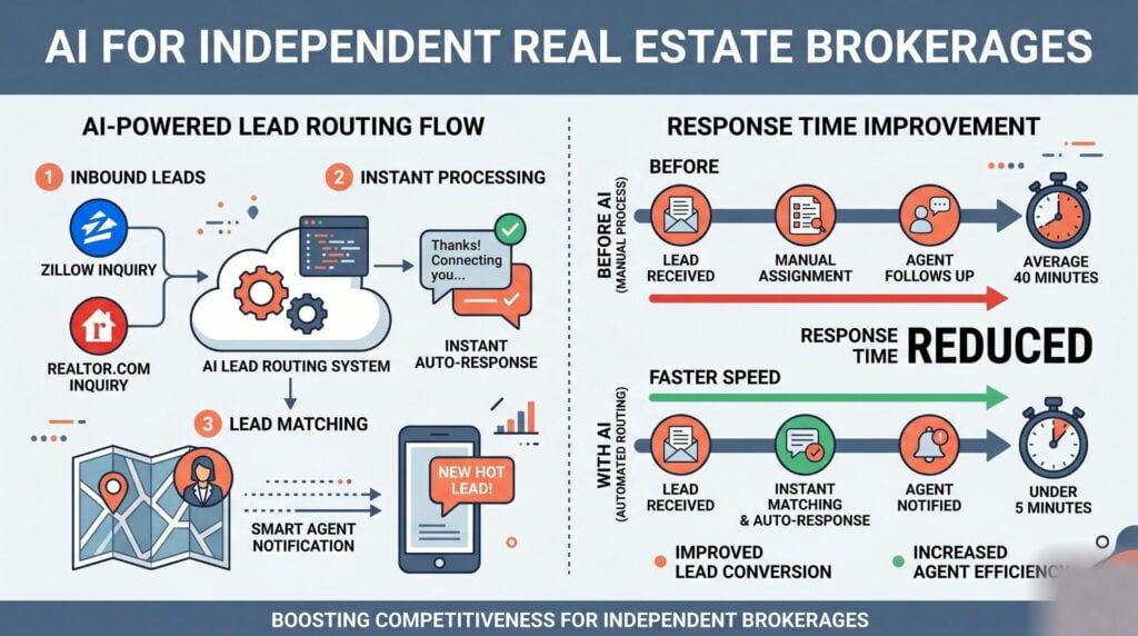 step-by-step flow showing AI lead routing from Zillow and Realtor.com inquiry to instant auto-response and agent notification, with side-by-side timeline showing response time dropping from 40 minutes to under 5 minutes