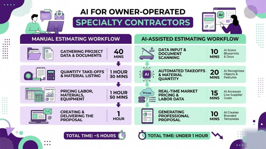 side-by-side workflow showing manual versus AI-assisted estimating, with time at each step and total time dropping from 5 hours to under 1 hour