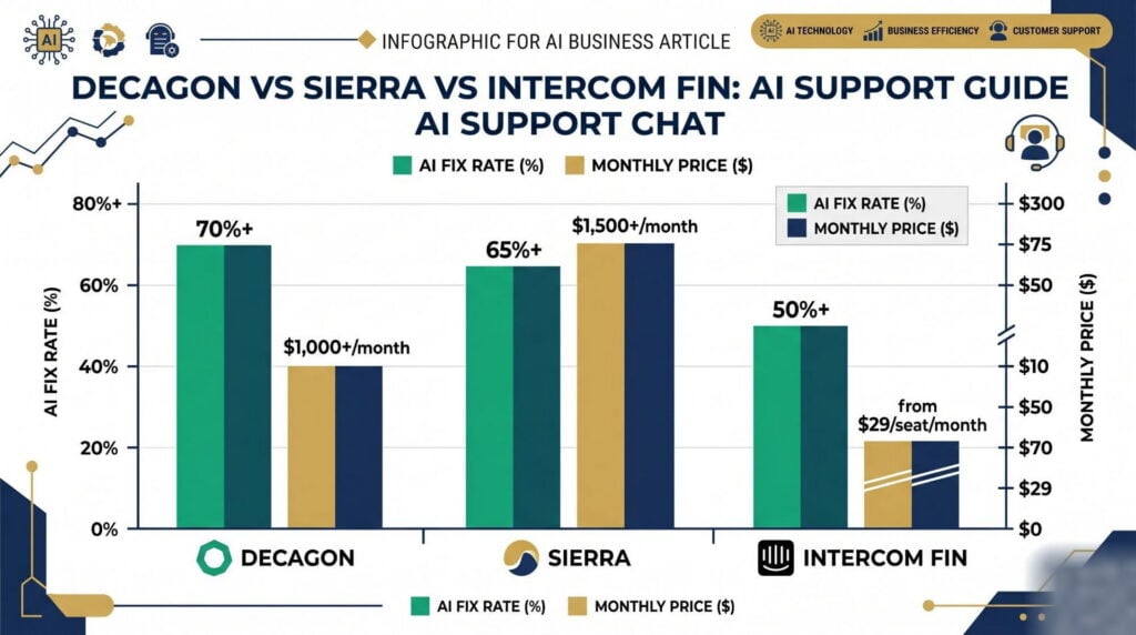 Bar chart comparing AI fix rates and monthly price for Decagon (70%+, $1,000+/month), Sierra (65%+, $1,500+/month), and Intercom Fin (50%+, from $29/seat/month) for owner-operated businesses; navy and emerald color scheme