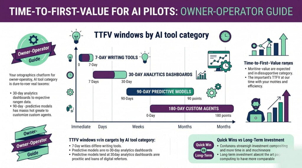 Timeline chart showing TTFV windows by AI tool category, from 7-day writing tools to 180-day custom agents, navy and emerald color scheme