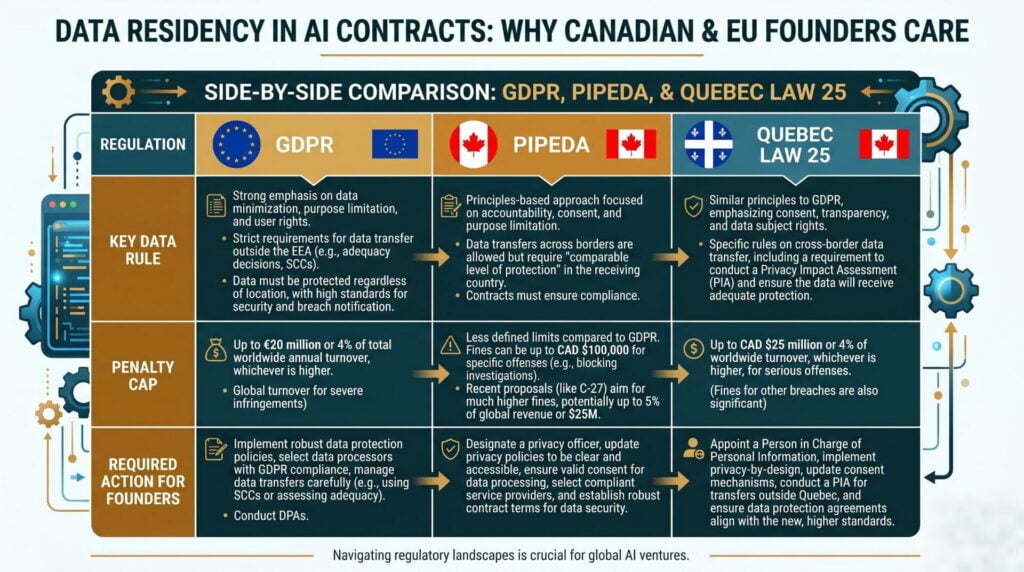 Side-by-side comparison table of GDPR, PIPEDA, and Quebec Law 25: key data rule, penalty cap, and required action for each; navy and emerald color scheme