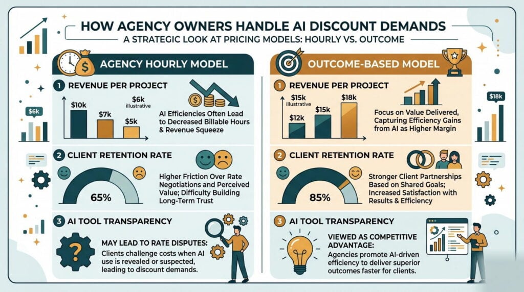 side-by-side comparison of agency hourly model vs. outcome model showing revenue per project, client retention rate, and AI tool transparency, navy and emerald color scheme