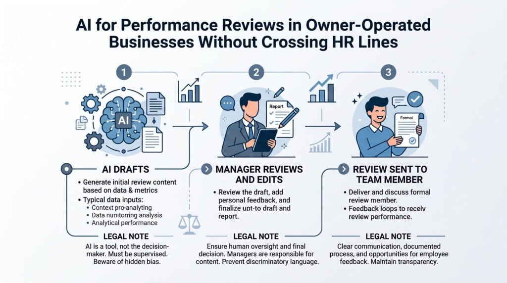 Infographic showing AI performance review workflow for owner-operated businesses with manager approval steps