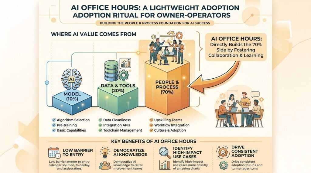 Infographic showing the AI office hours weekly ritual structure using the 10-20-70 learning rule