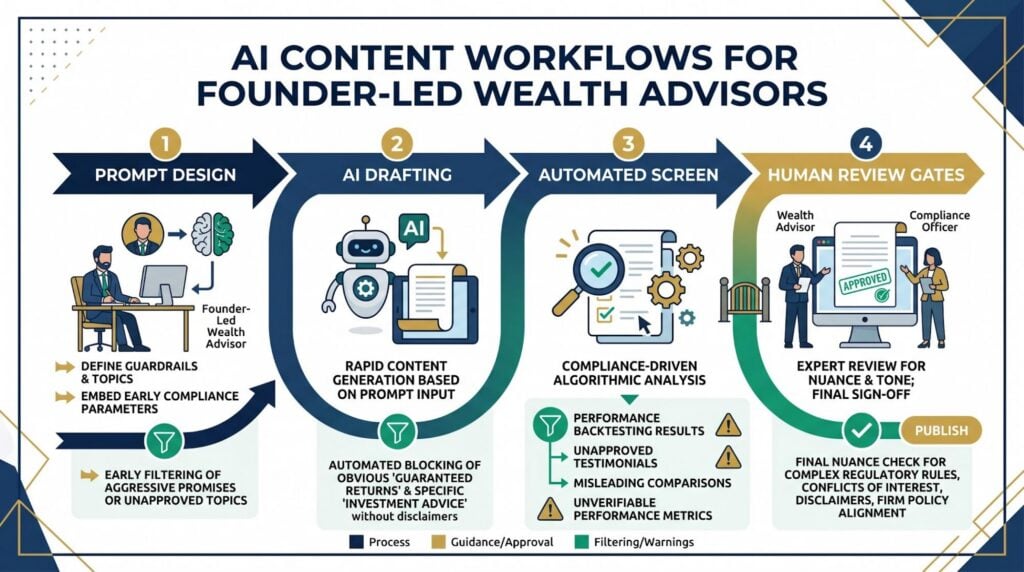 Infographic showing FDA-compliant AI content workflow steps for founder-led wellness brands