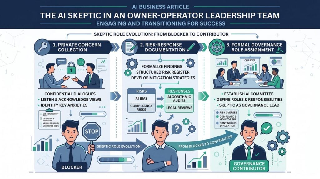 Infographic showing steps to bring an AI skeptic on your leadership team along with adoption
