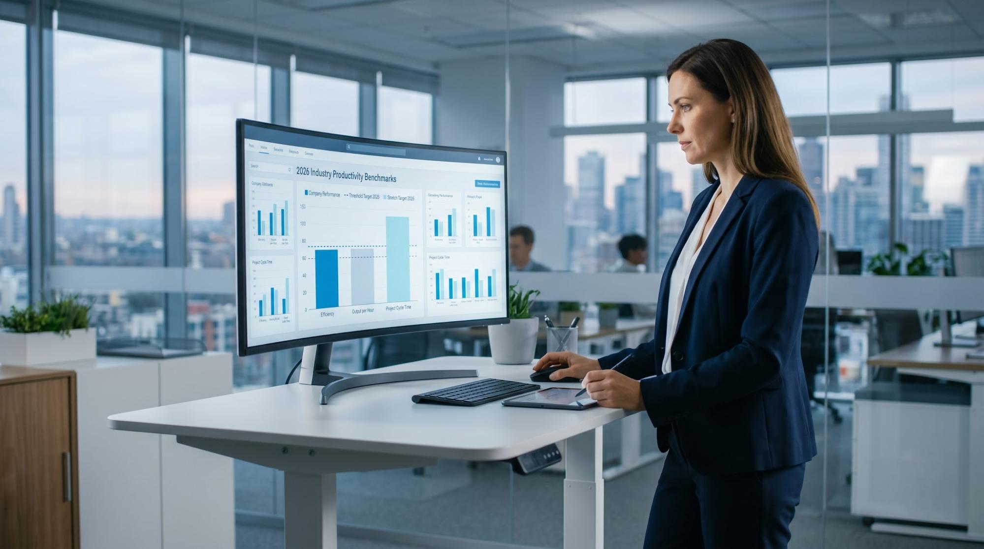Business executive reviewing AI productivity benchmarks dashboard with trend charts on dual monitors