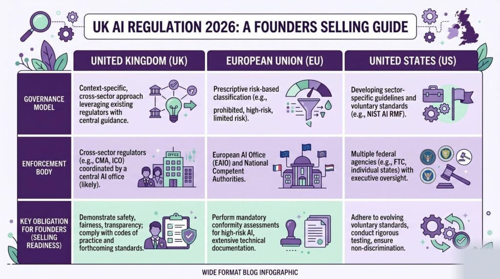 Side-by-side comparison of UK, EU, and US AI regulatory approaches showing governance model, enforcement body, and key obligation for founders; navy and emerald color scheme