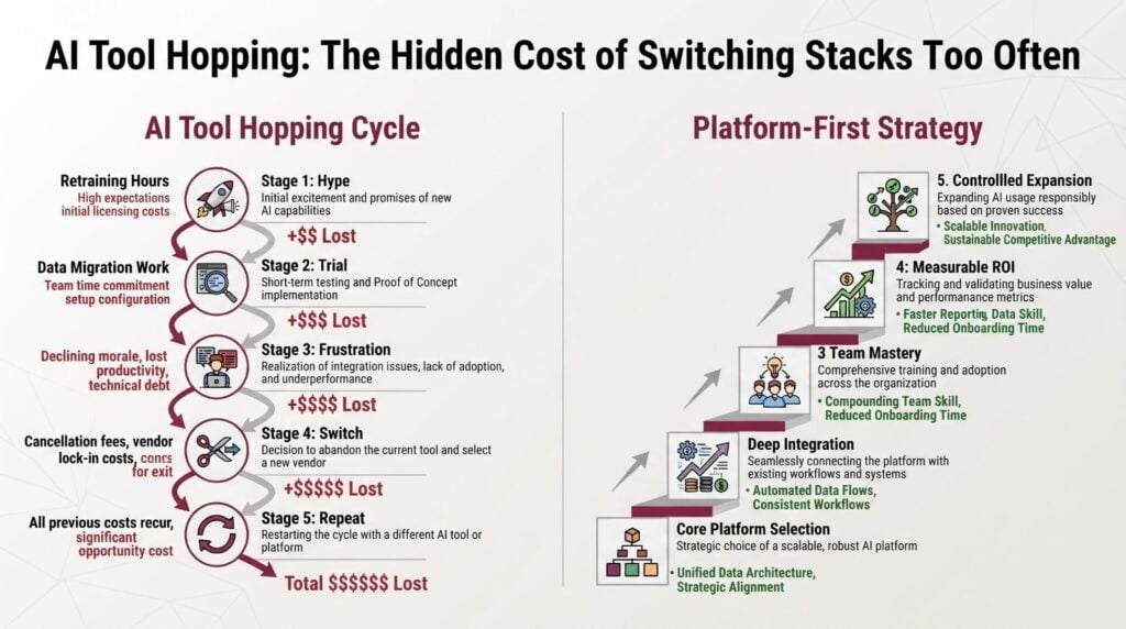 A side-by-side visual comparing two paths. On the left, "AI Tool Hopping Cycle" shows a downward spiral with five labeled stages: Hype, Trial, Frustration, Switch, Repeat. Each stage includes cost indicators for retraining hours, data migration work, and output gaps, with a running tally of time and budget lost at each stage. On the right, "Platform-First Strategy" shows an ascending staircase with five labeled steps: Core Platform Selection, Deep Connection, Team Mastery, Measurable ROI, Controlled Expansion. Each step notes a specific benefit such as unified data, faster reporting, and compounding team skill. Use a red color scheme for losses on the left side and a green color scheme for gains on the right side, with a clean neutral background and clear labels at every stage.