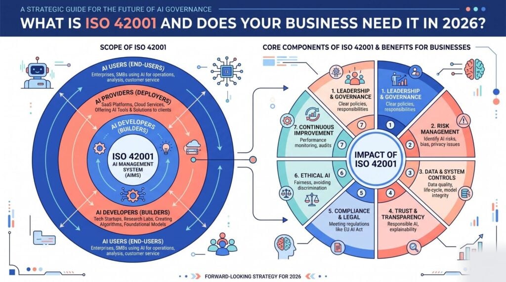 ISO 42001 scope diagram showing three rings: AI developers in the inner ring, AI providers in the middle ring, and AI users in the outer ring, with examples for growing businesses in each category